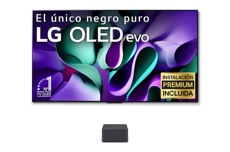 Left-facing side view of LG OLED evo TV, OLED M4 on the wall, and a Zero Connect Box placed below the TV