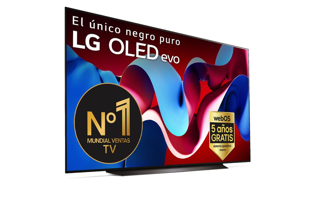 Vista frontal con la televisión LG OLED evo AI, la OLED C4, el emblema de la OLED número 1 del mundo durante 11 años y el logotipo del programa webOS Re:New en la pantalla