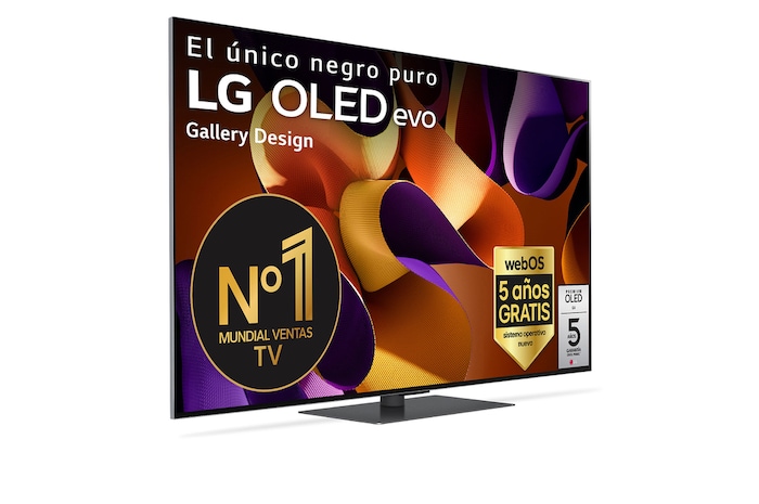 Vista frontal de un LG OLED evo AI TV, OLED G4, con el emblema “11 Years of world number 1 OLED”, el logotipo del programa webOS Re:New Program y el logotipo de la Garantía de 5 años en pantalla con la barra de sonido debajo