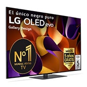 Vista frontal de un LG OLED evo AI TV, OLED G4, con el emblema “11 Years of world number 1 OLED”, el logotipo del programa webOS Re:New Program y el logotipo de la Garantía de 5 años en pantalla con la barra de sonido debajo