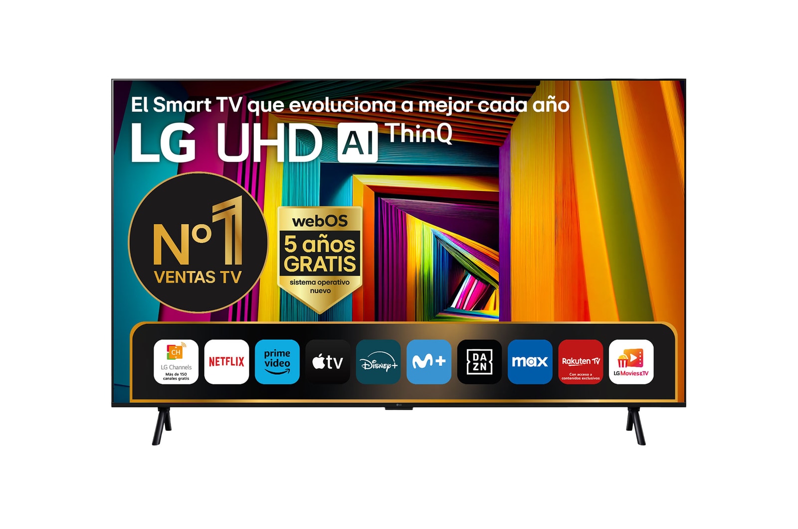 Front view of LG UHD TV, 98UT90 with text of LG UHD AI, 2024, and webOS Re:New Program logo on screen