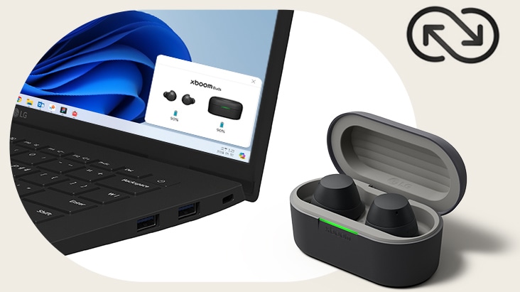 En una esquina, se encuentra un laptop de color negro, el LG gram, abierto y colocado junto a un estuche negro de xboom Buds, que permanece abierto con un par de auriculares dentro.