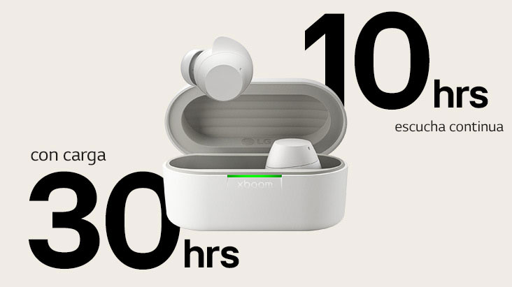 Un estuche blanco de xboom Buds está colocado con su luz encendida y con un par de auriculares dentro.