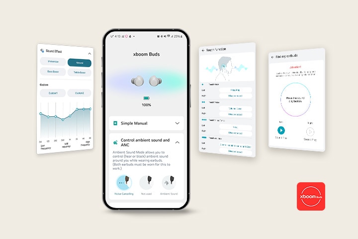 En un teléfono móvil se muestra la pantalla principal de la aplicación xboom Buds. A la izquierda aparece la interfaz de usuario de la función de ajuste de efectos de sonido de la misma aplicación, y a la derecha se muestran las interfaces de usuario de las funciones de control táctil y de "Encontrar mis auriculares".