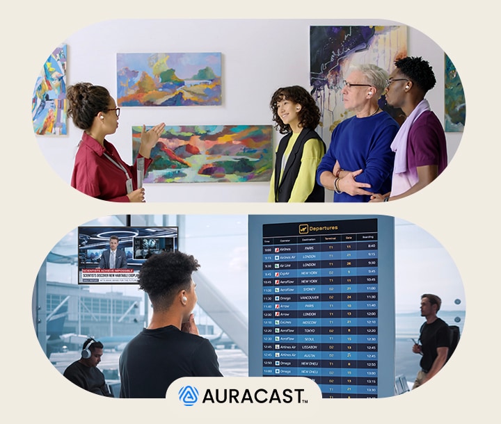 En la imagen de arriba, un guía está dando un recorrido a tres personas, y todos llevan puestos los xboom Buds. En la imagen de abajo, en un aeropuerto, hay una pantalla con información de vuelos, y un hombre está escuchando dicha información utilizando los xboom Buds.