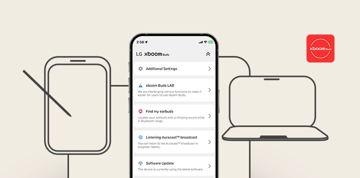 En el centro hay un teléfono móvil que muestra los diversos menús de la aplicación xboom Buds, y junto al teléfono hay ilustraciones de una tablet, un portátil y otros dispositivos.