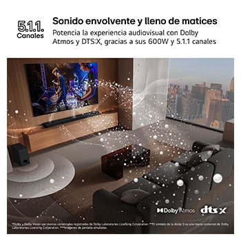 LG Barra de Sonido - LG S70TR, Bluetooth, 500W, 5.1.1 Canales con Subwoofer, altavoces traseros para cine en casa, Dolby Atmos, DTS:X, Negro, S70TR.DESB