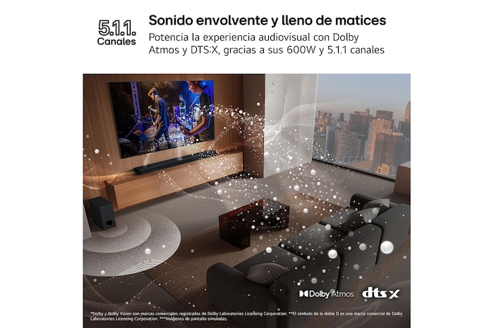 LG Barra de Sonido - LG S70TR, Bluetooth, 500W, 5.1.1 Canales con Subwoofer, altavoces traseros para cine en casa, Dolby Atmos, DTS:X, Negro, S70TR