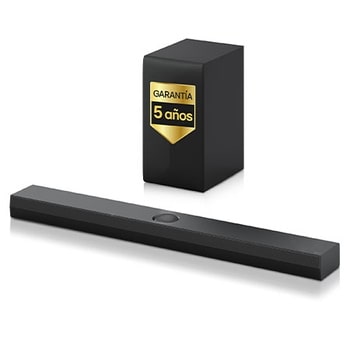 Vista frontal de la LG Soundbar S70TY y un subwoofer