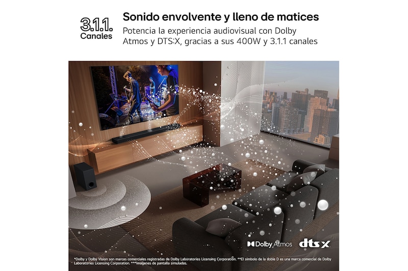 LG Barra de sonido para TV - LG S70TY, Bluetooth, 400W, 3.1.1 Canales con subwoofer, Dolby Atmos, DTS:X, Negro, S70TY.DESB