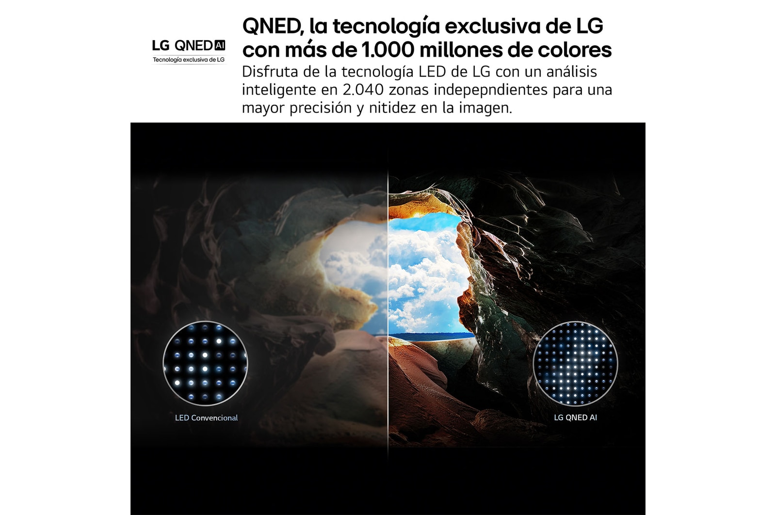 Perspective from the inside of a cave looking out to its entrance where a blue sky and horizon can be seen. The whole scene is split in half to show the capability of QNED's Advanced Local Dimming. On one side, the colors and detail are washed out and the visuals seem muddy. The label says, Conventional LED. The other side has great blacks, better contrast, brightness and color. The label says Advanced Local Dimming. The title talks about how Advanced Local Dimming provides a sharper picture.