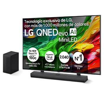 Vista frontal del Pack Smart TV LG QNED evo AI QNED85 65 pulgadas MiniLED 4K 2025 + Barra de Sonido S70TY + Soporte 65QNED85A6C