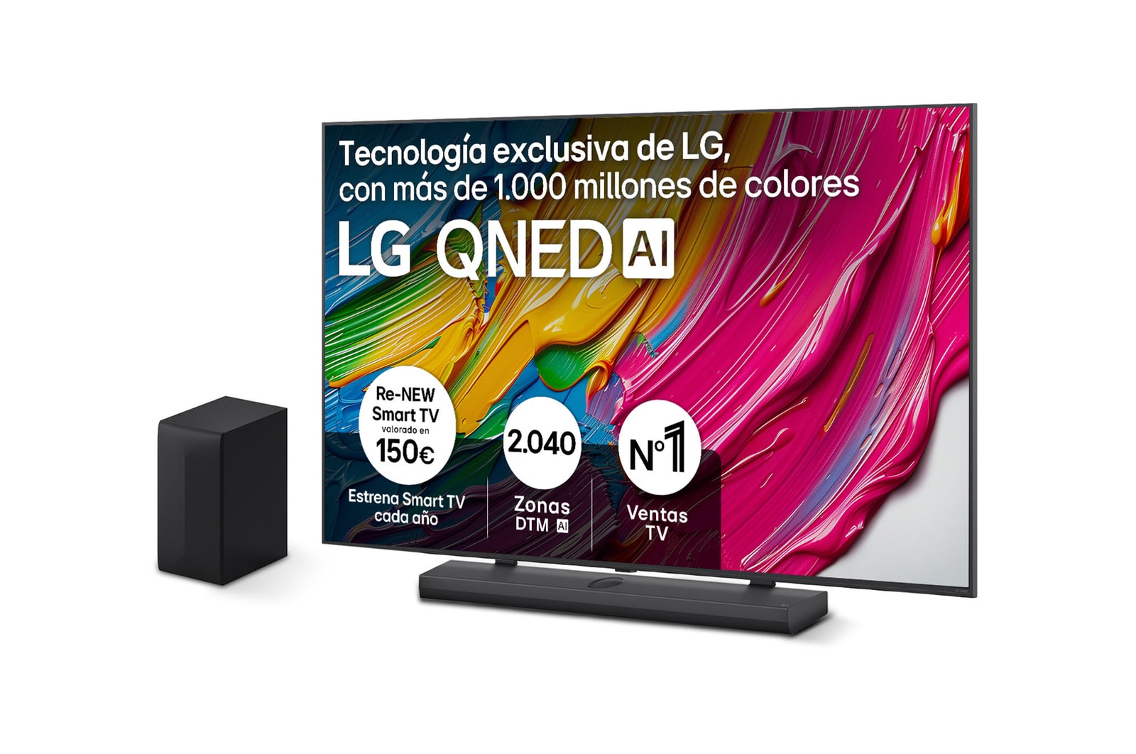 Vista frontal de Pack Smart TV LG QNED AI QNED8E 65 pulgadas 4K 2025 + Barra de Sonido S70TY + Soporte, E 65QNED8EA6B.ESB