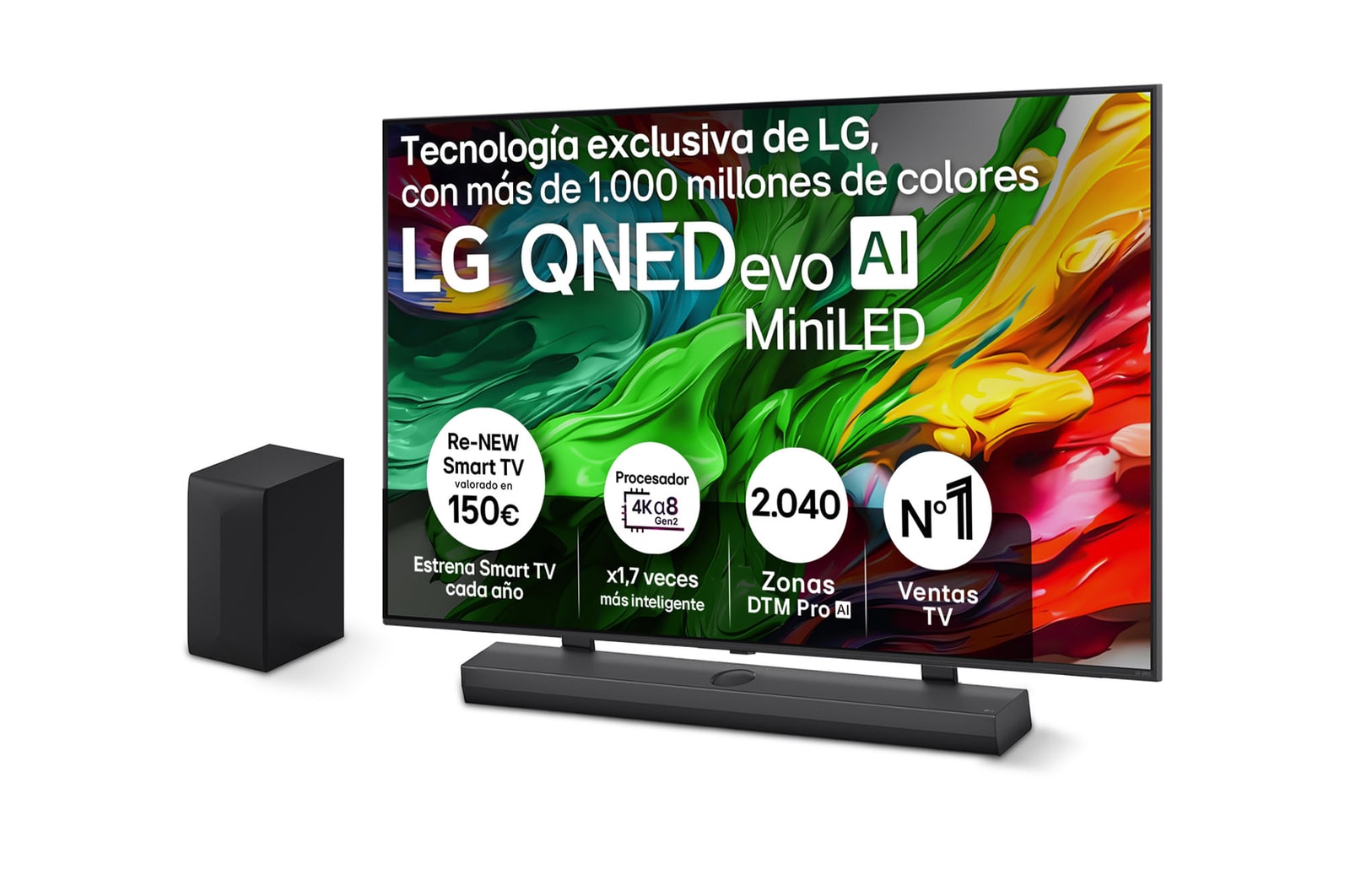 Vista frontal de Pack Smart TV LG QNED evo MiniLED AI QNED85 75 pulgadas 4K 2025 + Barra de Sonido S70TY + Soporte 75QNED85A6C.ESB