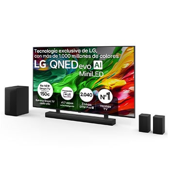 Vista frontal de Pack Smart TV LG QNED evo AI QNED85 86 pulgadas MiniLED 4K 2025 + Barra de Sonido S70TR + Soporte 86QNED85A6C.ESB