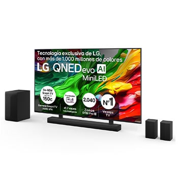 Vista frontal de Pack Smart TV LG QNED evo MiniLED AI QNED86 86 pulgadas 4K 2025 + Barra de Sonido S70TR + Soporte 86QNED86A6A.ESB