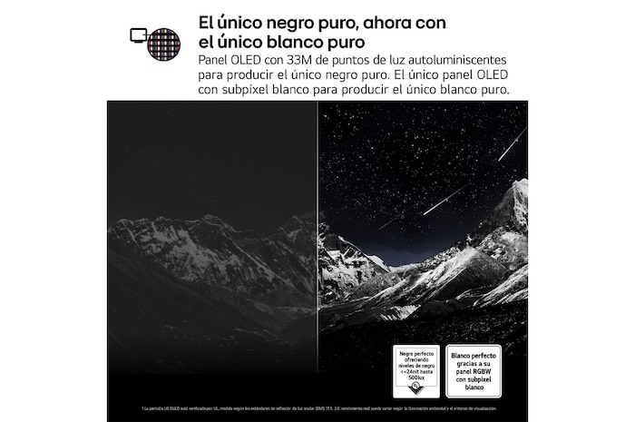 En la pantalla de un televisión se muestran fuegos artificiales deslumbrantes y vibrantes. Esto demuestra el 100 % de fidelidad de color que presenta colores precisos incluso con la luz del sol. El logo de la certificación también es visible: la tecnología Perfect Color ofrece niveles de consistencia de color superiores al 99% de hasta 500 lux. A su lado también está la certificaciones independiente de Intertek.