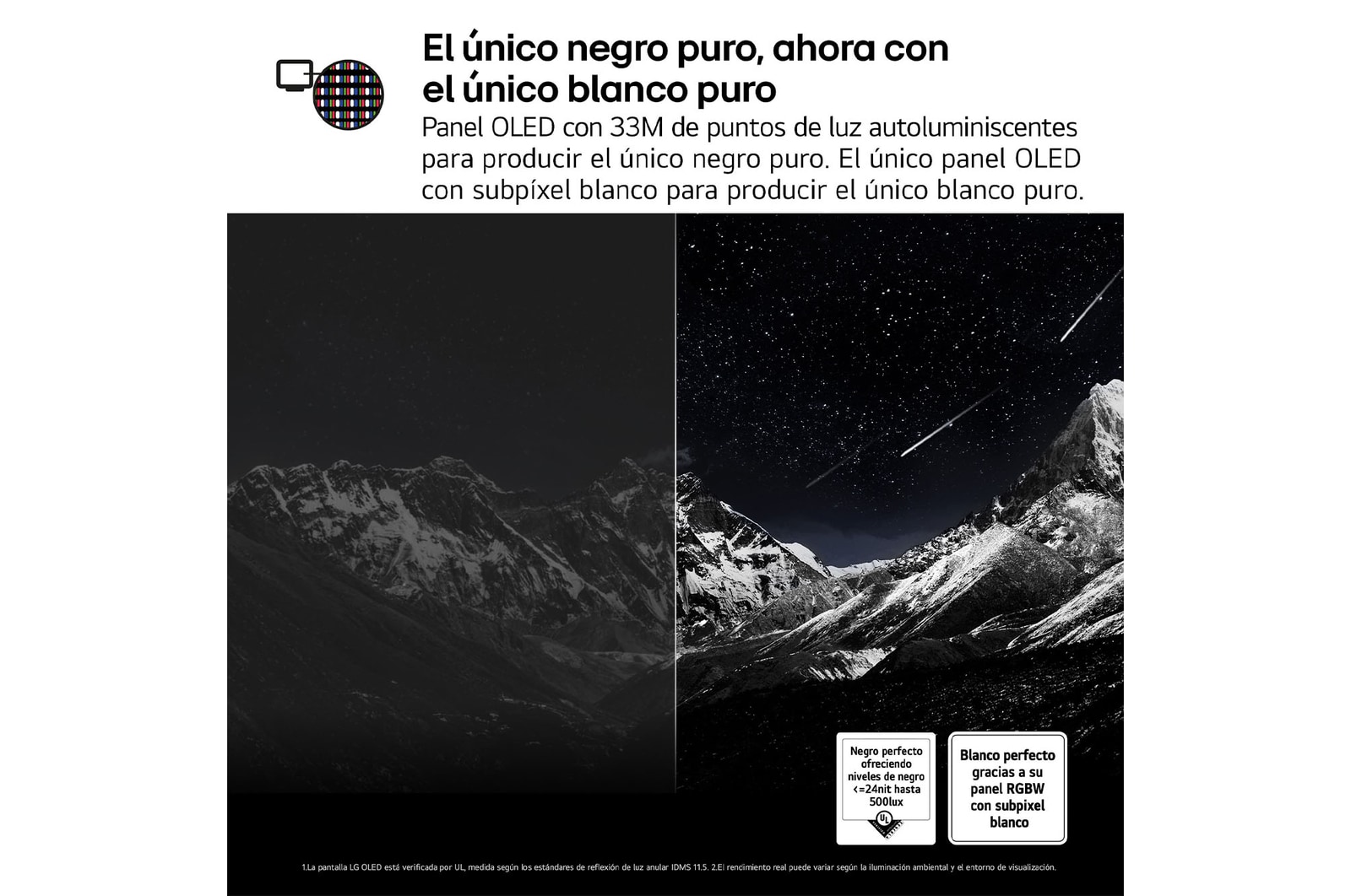 En la pantalla de un televisión se muestran fuegos artificiales deslumbrantes y vibrantes. Esto demuestra el 100 % de fidelidad de color que presenta colores precisos incluso con la luz del sol. El logo de la certificación también es visible: la tecnología Perfect Color ofrece niveles de consistencia de color superiores al 99% de hasta 500 lux. A su lado también está la certificaciones independiente de Intertek.