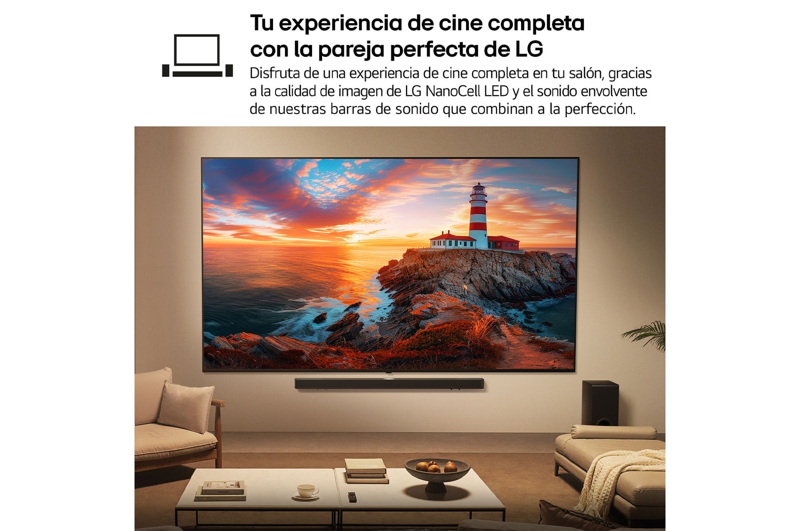 Wide view of a stylish and colorful living room. LG OLED evo AI C5E 4K Smart TV is mounted on the wall with an LG Soundbar underneath it. The TV's design blends well with the space. On the TV screen is a colorful artwork.