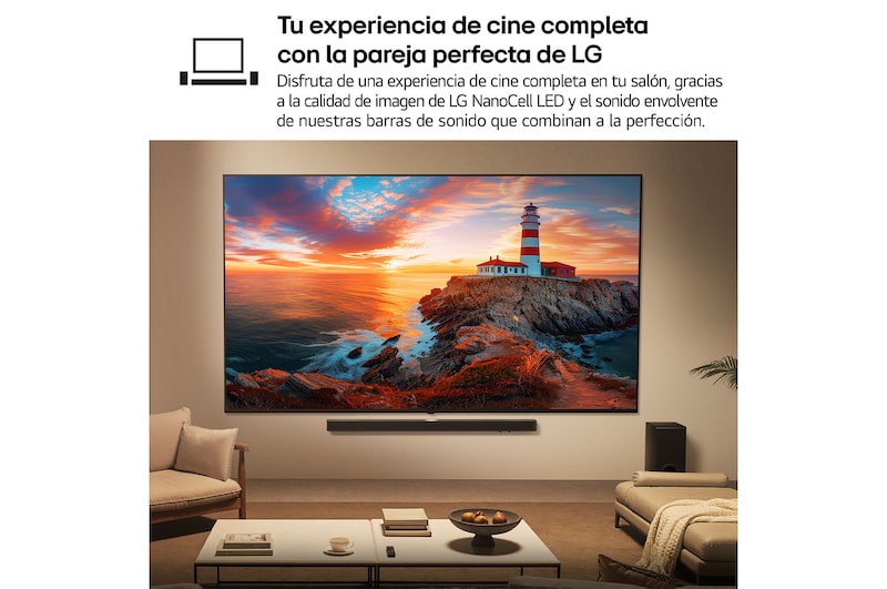 Wide view of a stylish and colorful living room. LG OLED evo AI C5E 4K Smart TV is mounted on the wall with an LG Soundbar underneath it. The TV's design blends well with the space. On the TV screen is a colorful artwork.