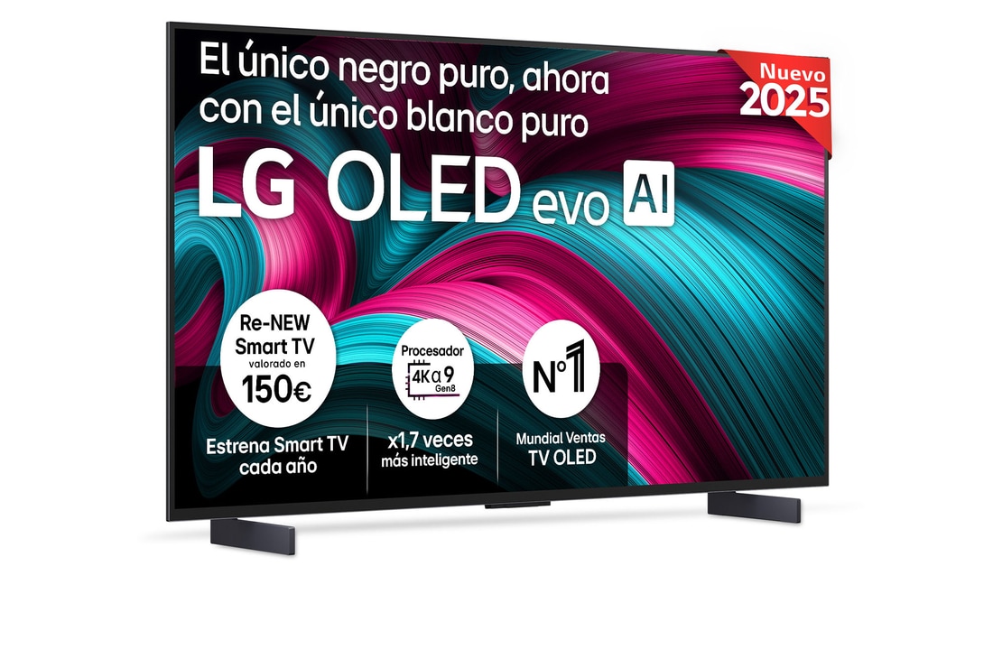 Vista frontal del televisor LG OLED evo AI C5 4K Smart TV. En la pantalla aparecen el distintivo “12 Years of world number 1 OLED” y el logotipo LG OLED evo AI 2025.