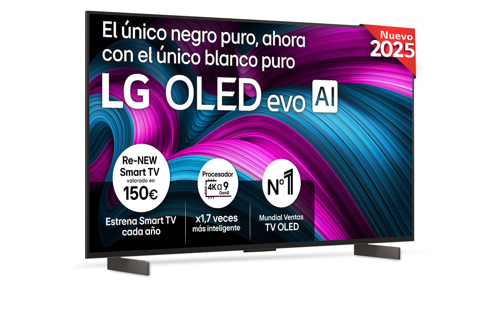 Vista frontal del televisor LG OLED evo AI C5 4K Smart TV. En la pantalla aparecen el distintivo “12 Years of world number 1 OLED” y el logotipo LG OLED evo AI 2025.