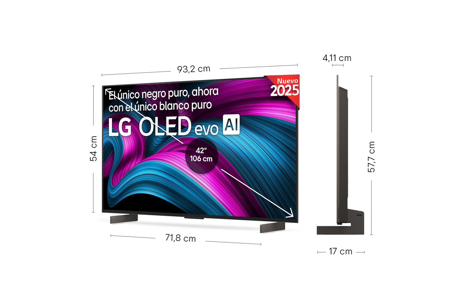Vista en ligero ángulo del televisor LG OLED evo AI C5E 4K Smart TV.