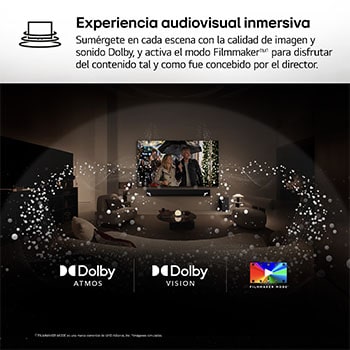 LVista amplia de un salón elegante y colorido. Hay un televisor LG OLED evo AI C5E 4K Smart TV montado en la pared con una LG Soundbar debajo. El diseño del televisor se integra perfectamente en el espacio. En la pantalla del televisor hay una obra de arte colorida.