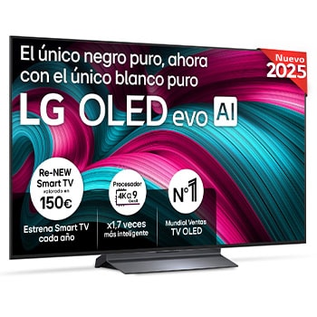 Front view of LG OLED evo AI C5 4K Smart TV. 12 Years of world number 1 OLED emblem and LG OLED evo AI 2025 logo are on the screen.