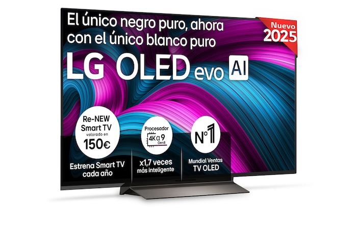 Vista frontal del televisor LG OLED evo AI C5 4K Smart TV. En la pantalla aparecen el distintivo “12 Years of world number 1 OLED” y el logotipo LG OLED evo AI 2025.