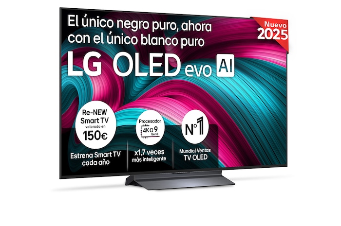Vista frontal del televisor LG OLED evo AI C5 4K Smart TV. En la pantalla aparecen el distintivo “12 Years of world number 1 OLED” y el logotipo LG OLED evo AI 2025.