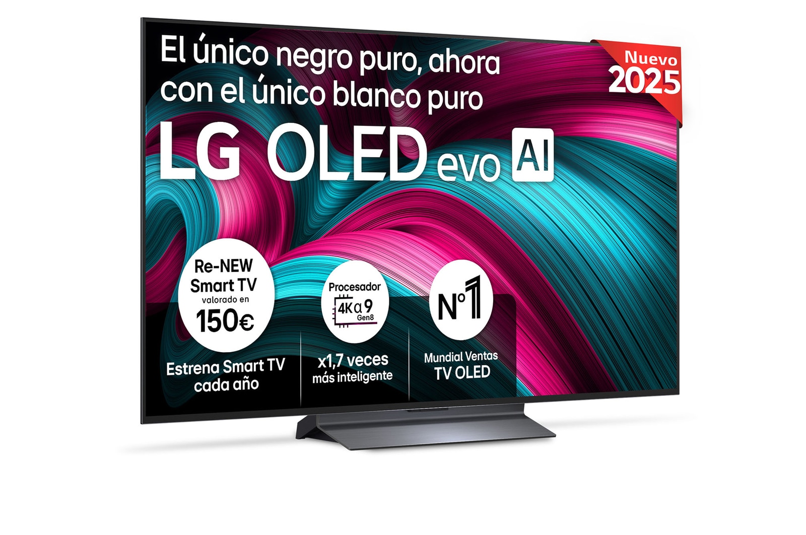 Vista frontal del televisor LG OLED evo AI C5 4K Smart TV. En la pantalla aparecen el distintivo “12 Years of world number 1 OLED” y el logotipo LG OLED evo AI 2025.