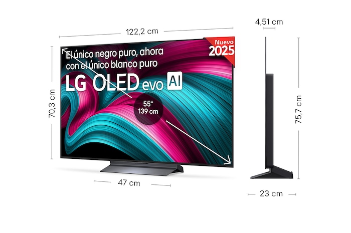 Vista en ligero ángulo del televisor LG OLED evo AI C5E 4K Smart TV.