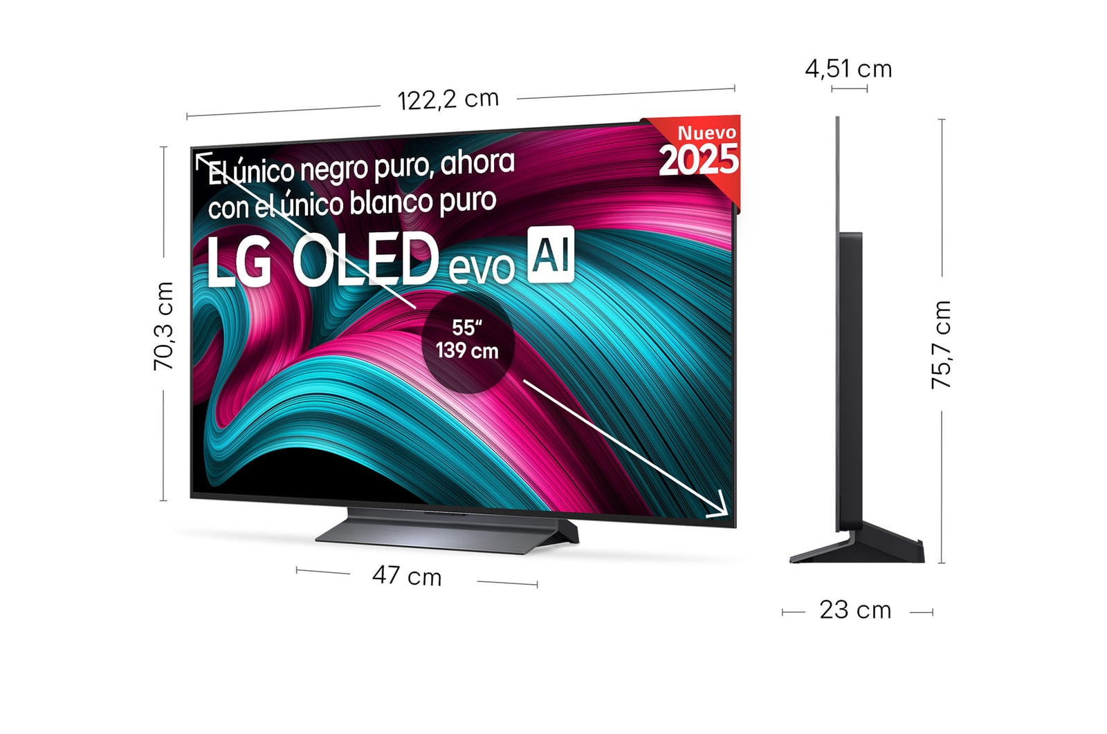 Vista en ligero ángulo del televisor LG OLED evo AI C5E 4K Smart TV.