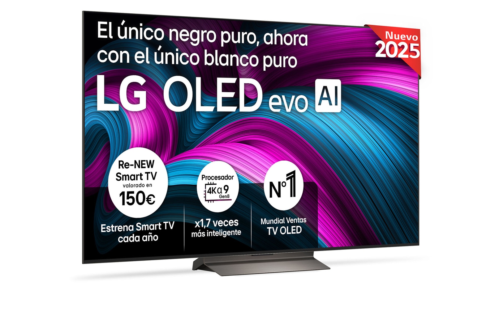 Vista frontal del televisor LG OLED evo AI C5 4K Smart TV. En la pantalla aparecen el distintivo “12 Years of world number 1 OLED” y el logotipo LG OLED evo AI 2025.