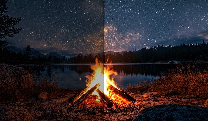 Fogata nocturna en plena naturaleza. A lo lejos se ve un bosque y un lago. El cielo nocturno está lleno de estrellas. Toda la escena muestra el impresionante brillo de Brightness Booster.