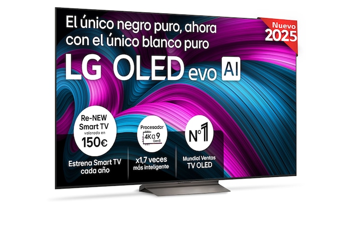 Vista frontal del televisor LG OLED evo AI C5 4K Smart TV. En la pantalla aparecen el distintivo “12 Years of world number 1 OLED” y el logotipo LG OLED evo AI 2025.