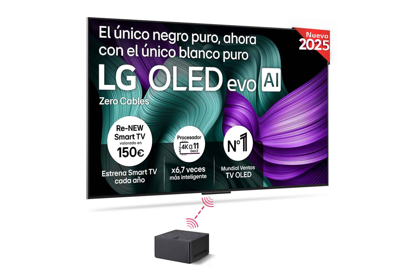 Vista frontal de Smart TV LG OLED evo AI M5 inalámbrico 65 pulgadas 4K 2025 OLED65M59LA
