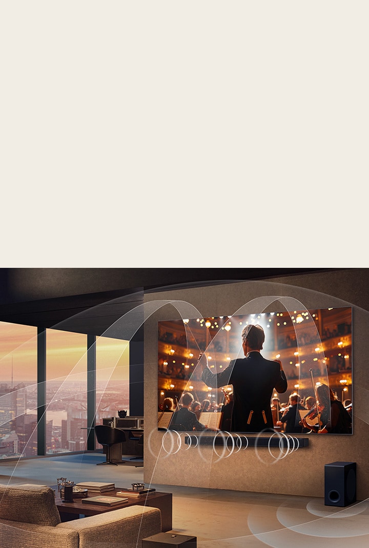 En un salón hay un televisor LG OLED TV y una barra de sonido LG Soundbar con unos gráficos que representan el sonido multienvolvente que emana de ambos dispositivos y llena el espacio.