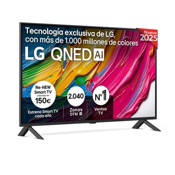 Vista frontal del televisor LG QNED80, con el logotipo LG QNED AI en la esquina superior. El televisor LG QNED TV ofrece texturas coloridas similares a la pintura que se unen.
