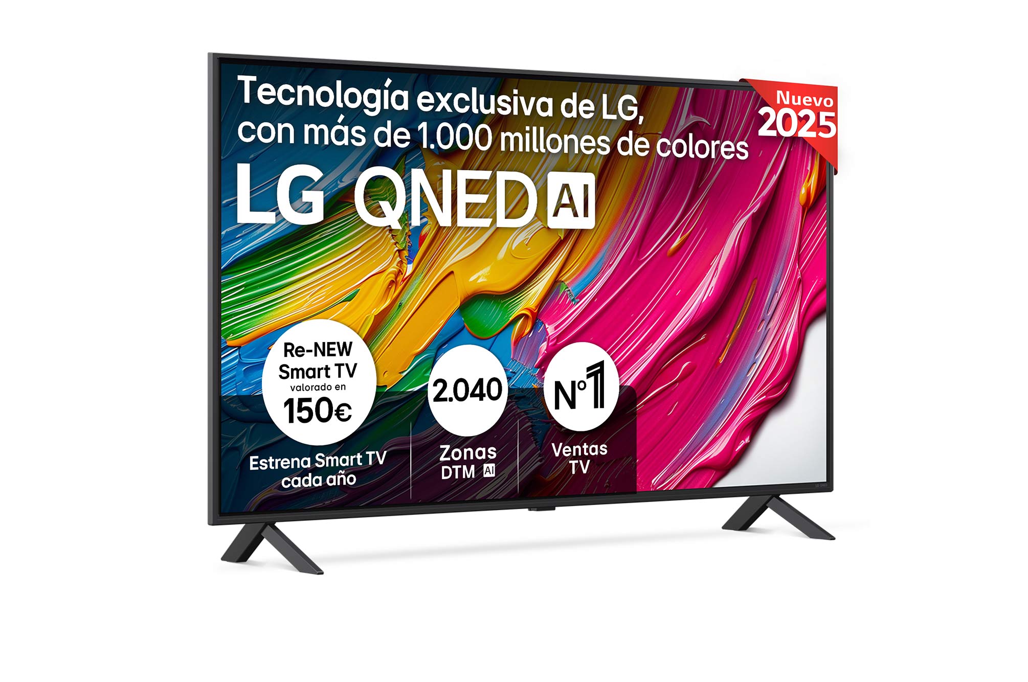 Vista frontal del televisor LG QNED80, con el logotipo LG QNED AI en la esquina superior. El televisor LG QNED TV ofrece texturas coloridas similares a la pintura que se unen.