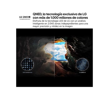 Vista frontal y lateral del televisor LG QNED AI QNED80 4K Smart TV en las que se muestran sus dimensiones (largo, ancho, alto y profundo).