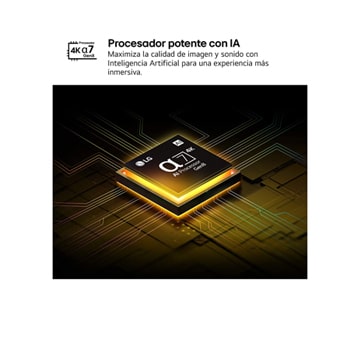 El procesador AI Processor Gen8 alpha 7 se enciende y emite destellos de luz amarillos. El título hace referencia a la calidad 4K, al color y al increíble brillo que el procesador ofrece.