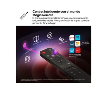 El botón AI del mando a distancia AI Magic Remote de LG está resaltado. A su alrededor, se muestran las diferentes funciones a las que el usuario puede acceder mediante ese botón. AI Voice ID, AI Search, AI Chatbot, AI Concierge, AI Picture Wizard, AI Sound Wizard. El texto explica cómo el mando a distancia LG AI Magic Remote completa tu AI Experience gracias a su botón específico para IA y, además, indica que se puede utilizar como si fuera in ratón aéreo. Simplemente señala y clica.