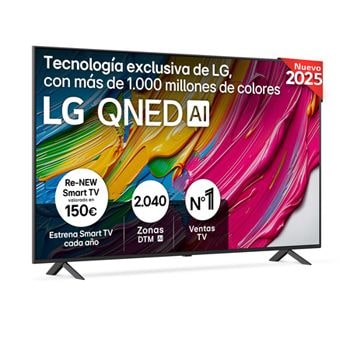 Vista frontal del televisor LG QNED80, con el logotipo LG QNED AI en la esquina superior. El televisor LG QNED TV ofrece texturas coloridas similares a la pintura que se unen.