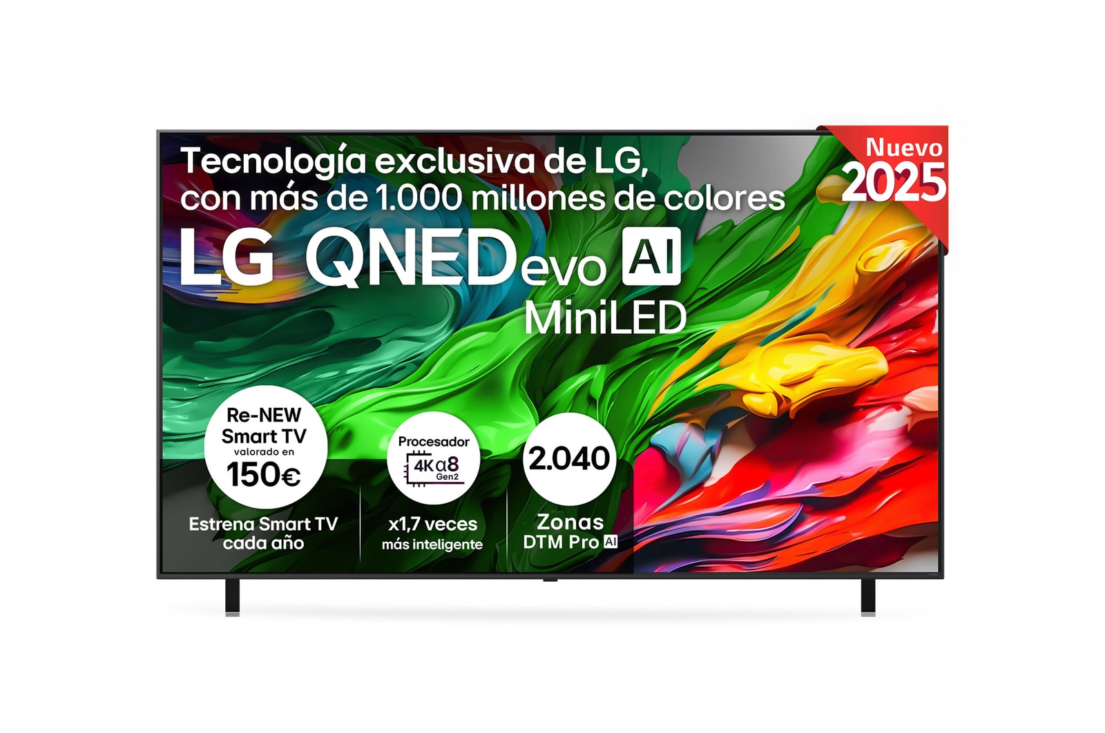 Vista frontal de TV LG QNED evo, con el logotipo LG QNED evo AI en la esquina de arriba. El televisor LG QNED evo ofrece texturas coloridas similares a la pintura que se unen.