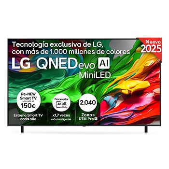 Vista frontal de TV LG QNED evo, con el logotipo LG QNED evo AI en la esquina de arriba. El televisor LG QNED evo ofrece texturas coloridas similares a la pintura que se unen.