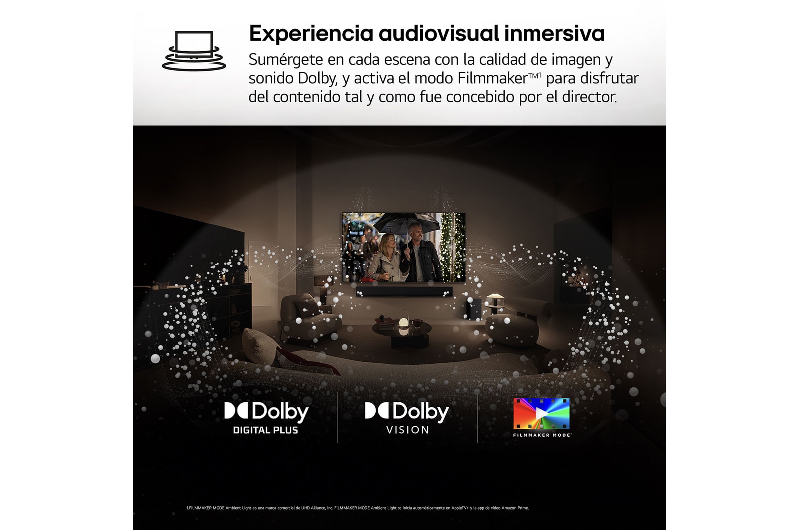 AI Magic Remote de LG en primer plano. El icono del botón AI está resaltado. En el fondo aparece la interfaz de usuario de webOS de LG. El cursor del ratón implica que se está usando el mando a distancia. El texto explica cómo las funciones del mando a distancia y los controles hacen que la navegación en webOS sea más sencilla.