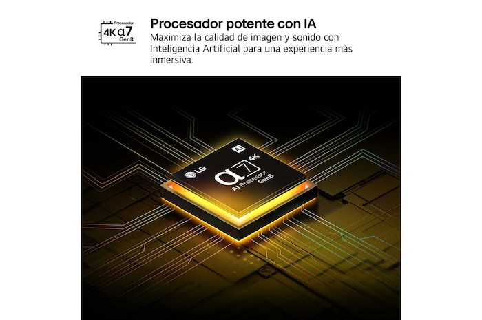 El procesador alpha 8 AI Processor Gen2 se enciende y emite destellos de luz naranjas y rosas. El título hace referencia a la calidad 4K, al color y al increíble brillo que el procesador ofrece. En el texto de la imagen se puede leer “aproximadamente procesamiento neuronal de la IA 1,7 veces mayor que la NPU y 1,4 veces más rápido que la CPU”.