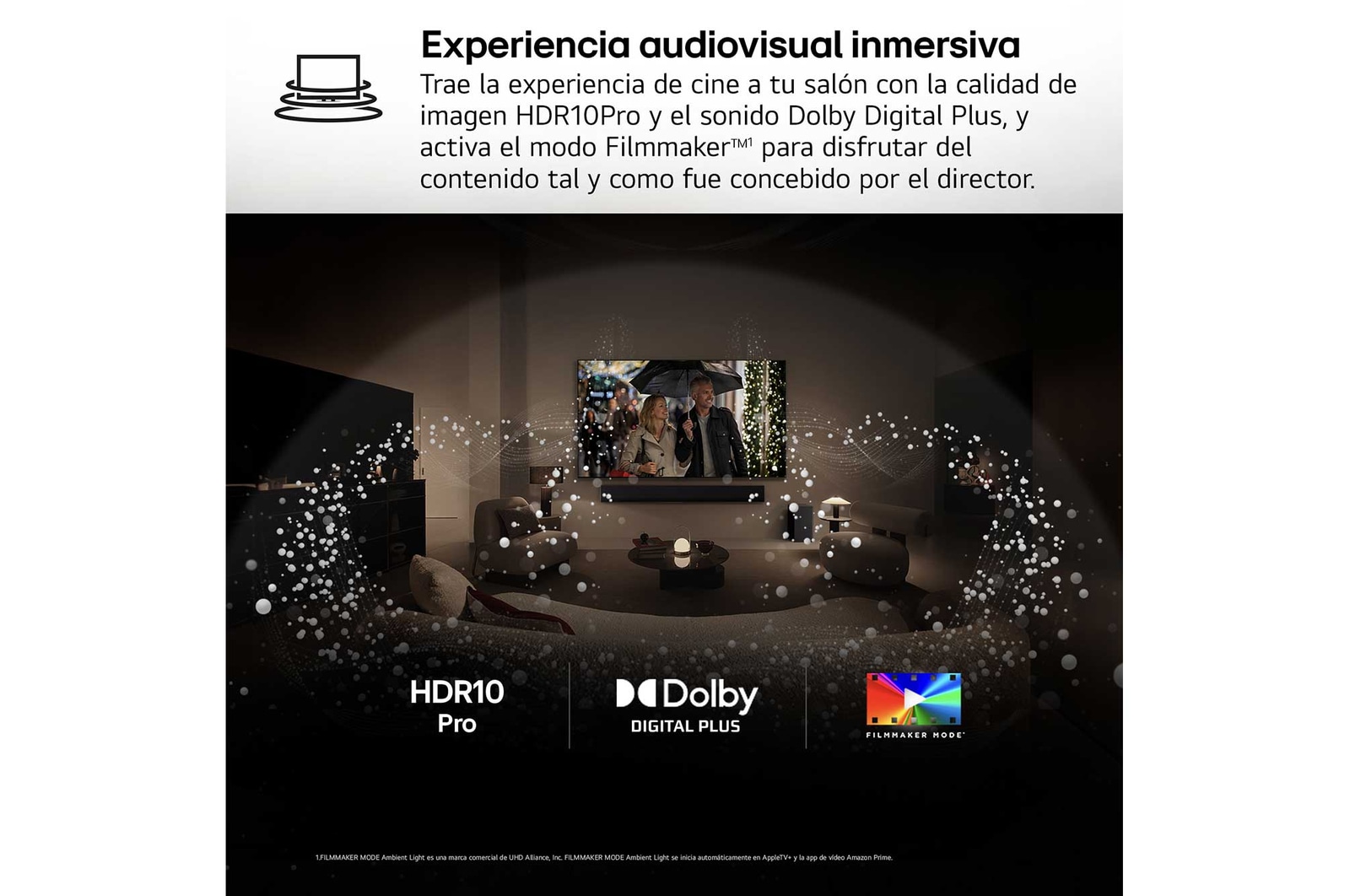 AI Magic Remote de LG en primer plano. El icono del botón AI está resaltado. En el fondo aparece la interfaz de usuario de webOS de LG. El cursor del ratón implica que se está usando el mando a distancia. El texto explica cómo las funciones del mando a distancia y los controles hacen que la navegación en webOS sea más sencilla.